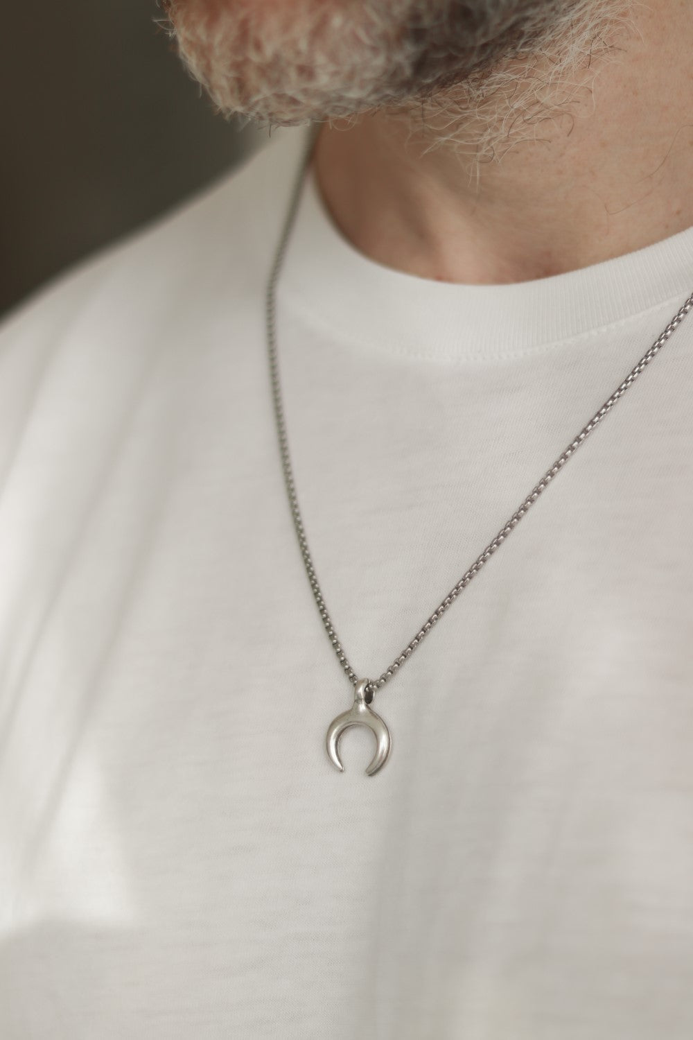 Double horn necklace for men, men's crescent moon necklace on a Rolo c - Technical View