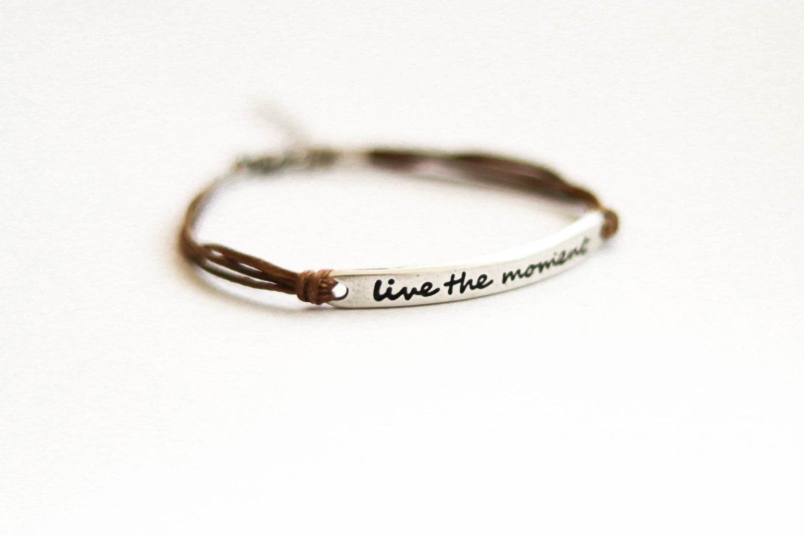 Silver Live the moment bracelet for women, brown cord, yoga jewelry, gift for her - shani-adi-jewerly