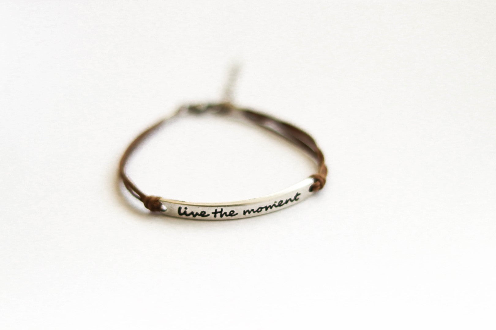 Silver Live the moment bracelet for women, brown cord, yoga jewelry, gift for her - shani-adi-jewerly
