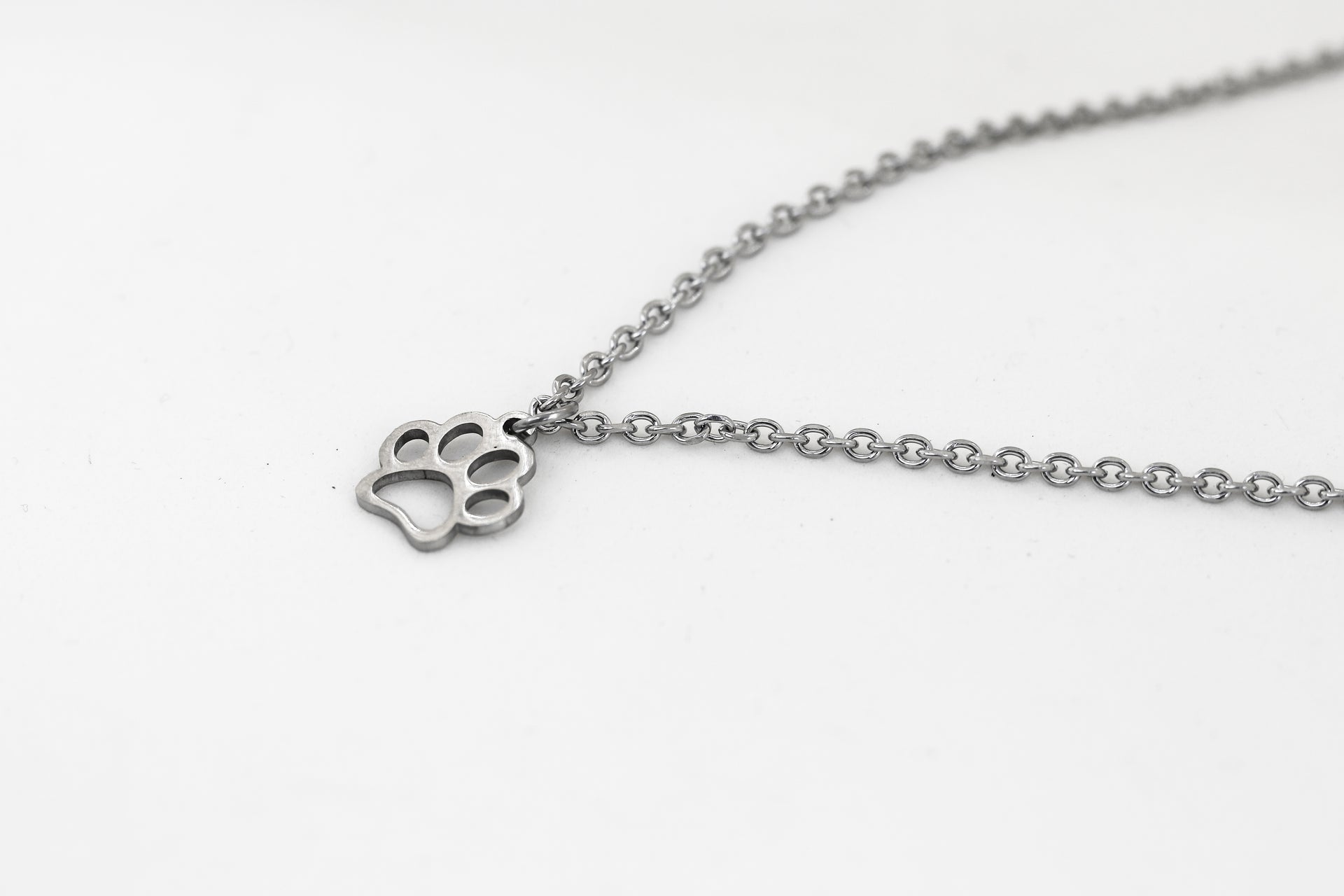 A stainless steel chain necklace with a silver-tone stainless steel paw pendant, displayed against a white background.