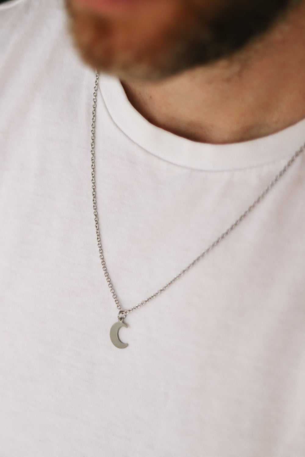 Crescent moon chain necklace for men, silver half moon pendant, gift f