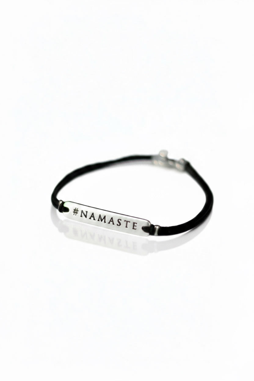 Silver Namaste charm bracelet for men, black cord, gift for him - shani-adi-jewerly