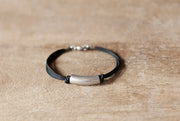 mens bracelets, black cord bracelet for men with a long silver tube bar - shani-adi-jewerly