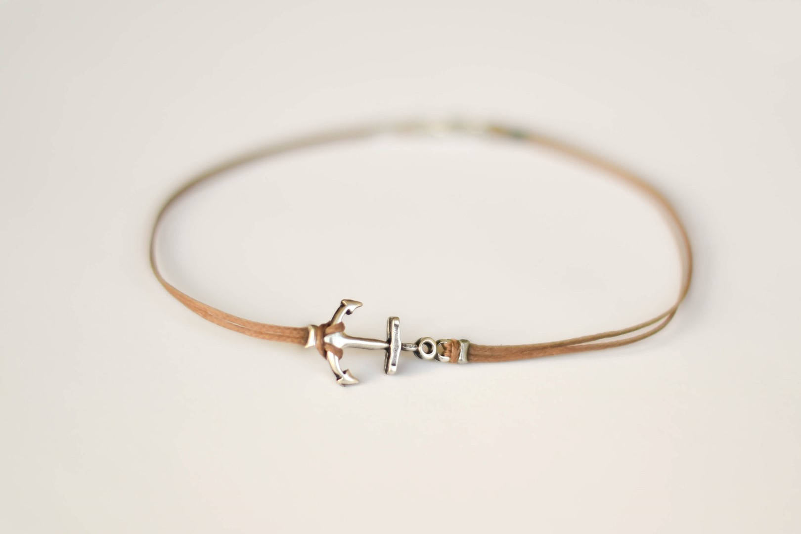 Silver Anchor anklet for men, brown cord, ankle bracelet - shani-adi-jewerly