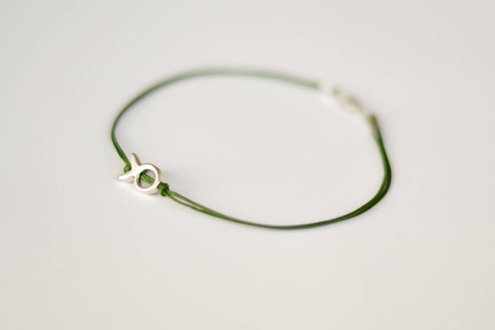 Silver fish bead anklet for men, green cord - shani-adi-jewerly