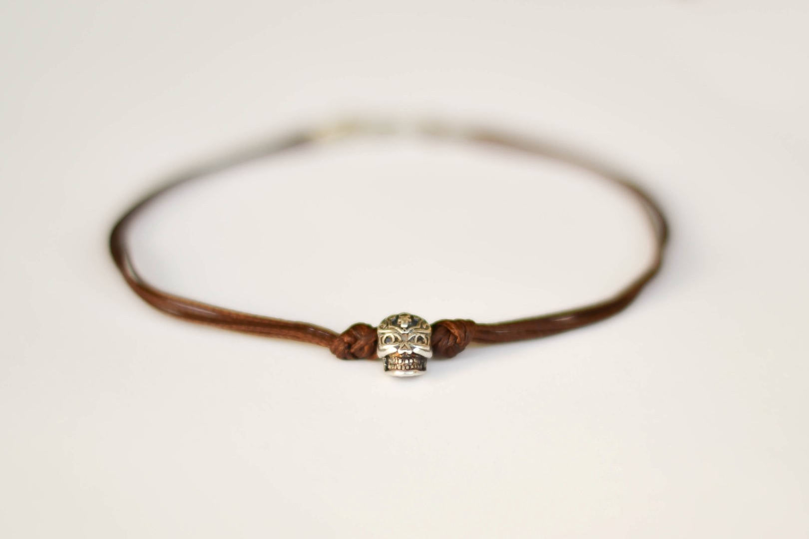 Silver skull anklet for men,  brown cord anklet - shani-adi-jewerly