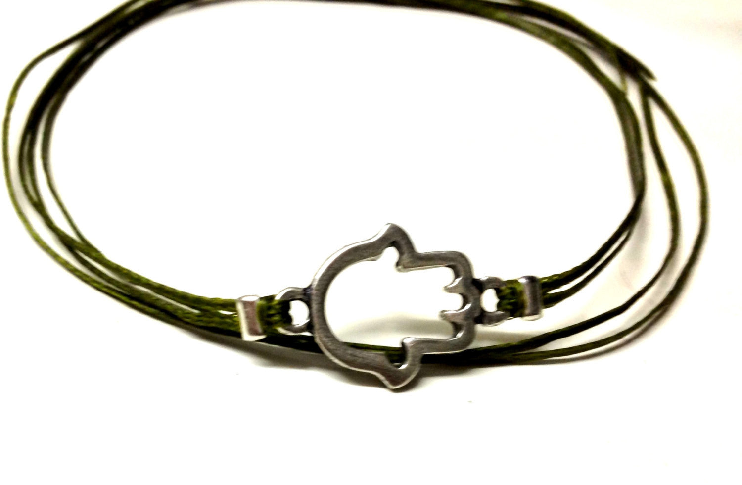 Silver Hamsa anklet, green cord - shani-adi-jewerly