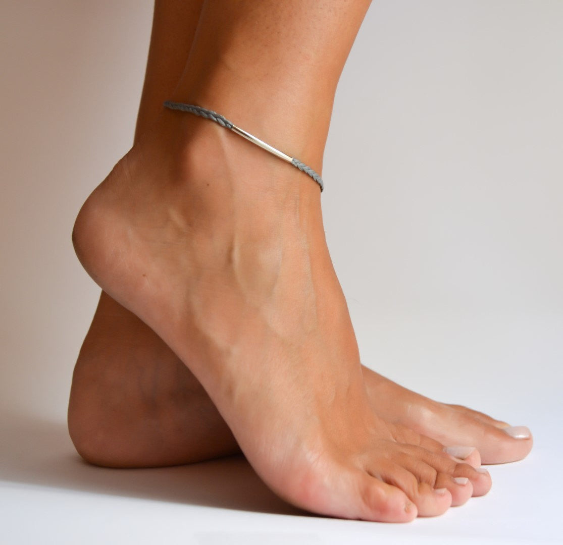 Silver bar anklet, braided cord ankle bracelet with a silver tube