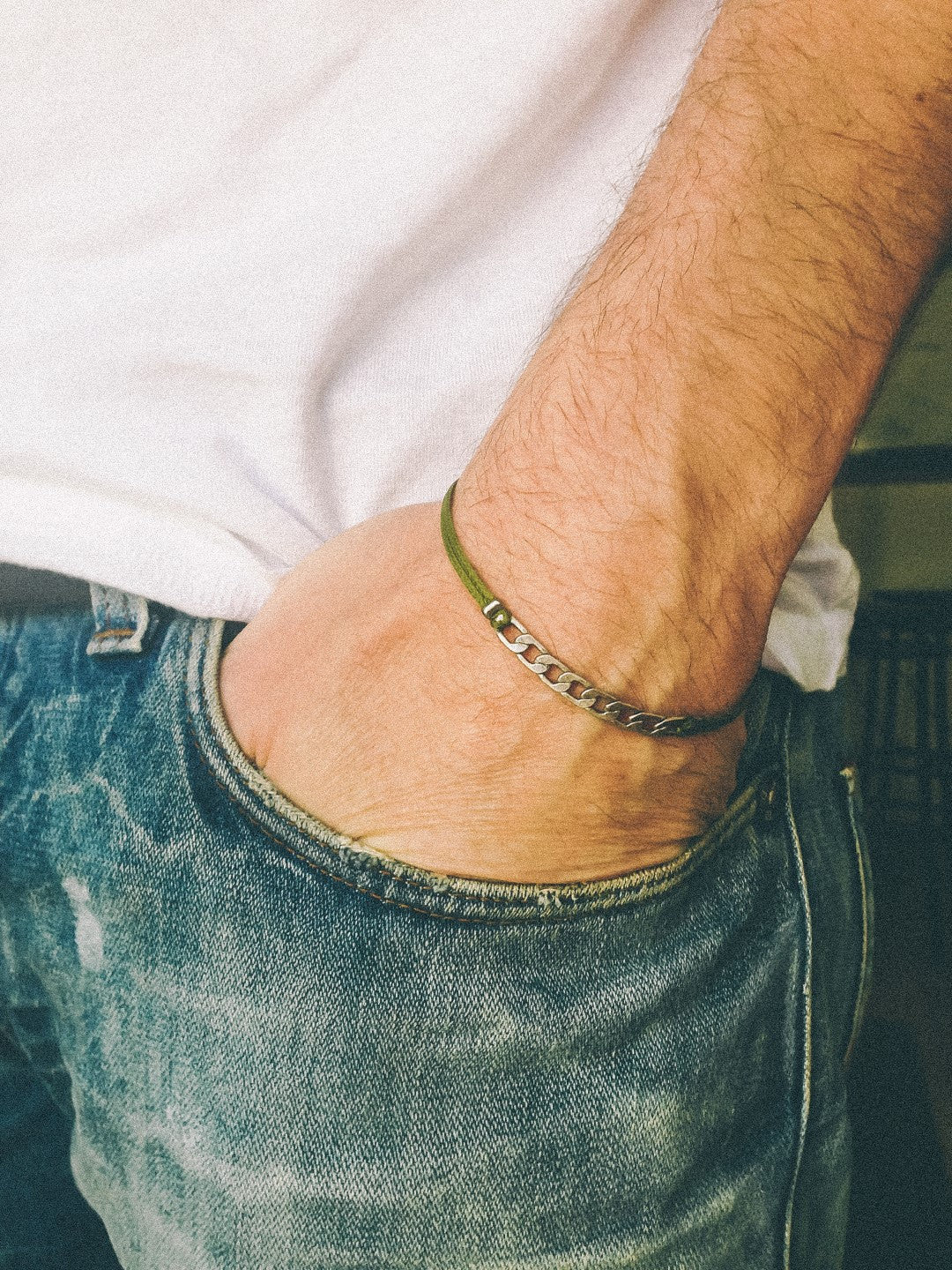 Bracelet for men, silver flat link chain with a green cord, mens bracelet,  gift for him, green yoga men's jewelry, minimalist