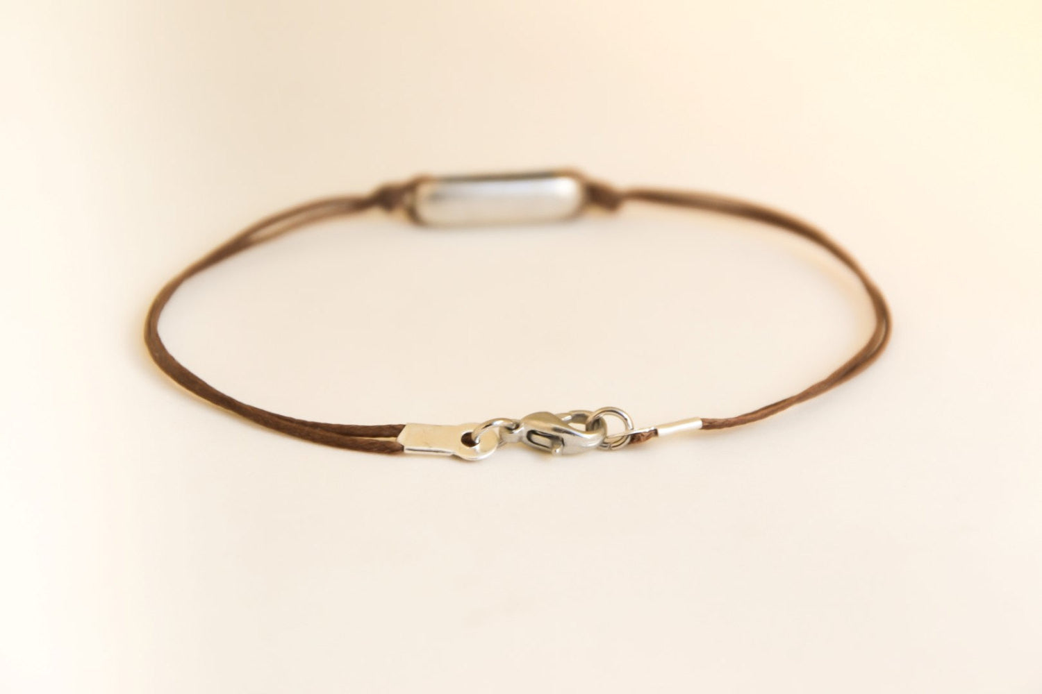 Men's bracelet with a silver rectangle bead, Brown cord - shani-adi-jewerly