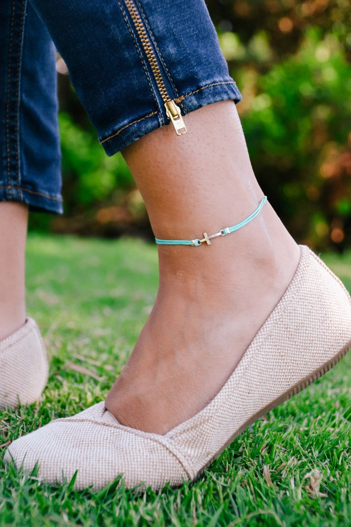 Cross anklet, ankle bracelet with silver cross charm, christian catholic jewelry, turquoise cord, gift for her, bridesmaids gift, spiritual