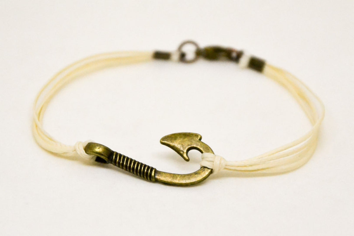 Men's bracelet, fish hook bracelet for men, beige cord with bronze