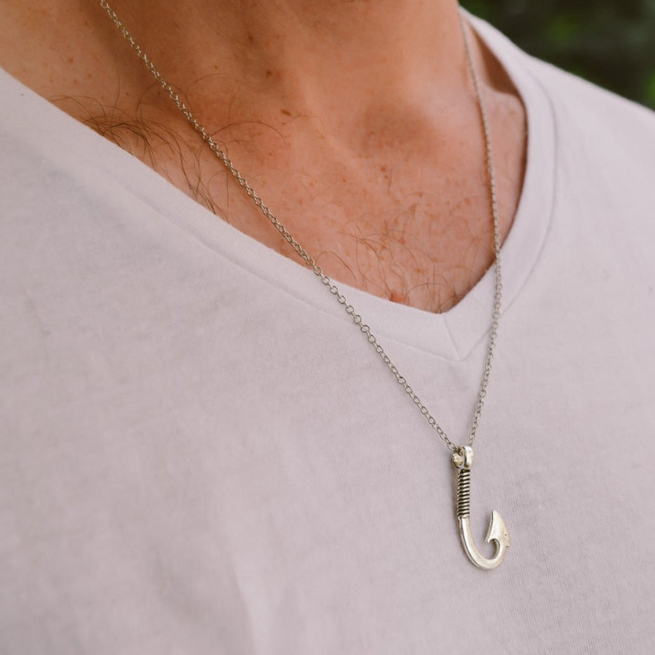 Hook Necklace for Men, Men's Necklace with Silver Hook Pendant, Stainless Steel Chain, Fisherman, Fish Hook, Men's Necklace, Nautical, Groomsmen Gift, image size:933x933