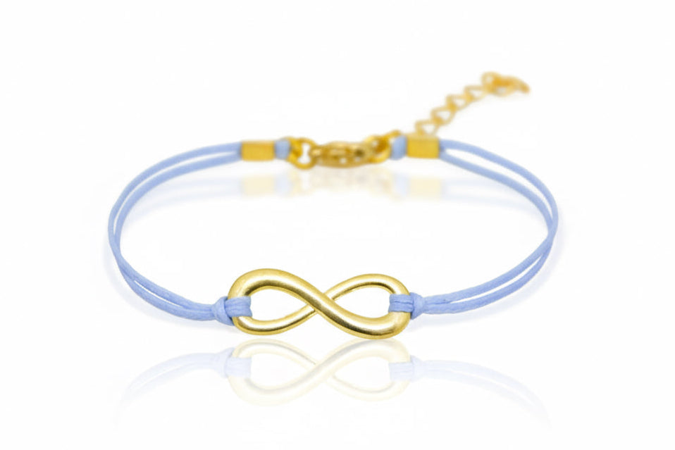 Gold infinity bracelet, womens bracelet with a blue cords, adjustable - shani-adi-jewerly
