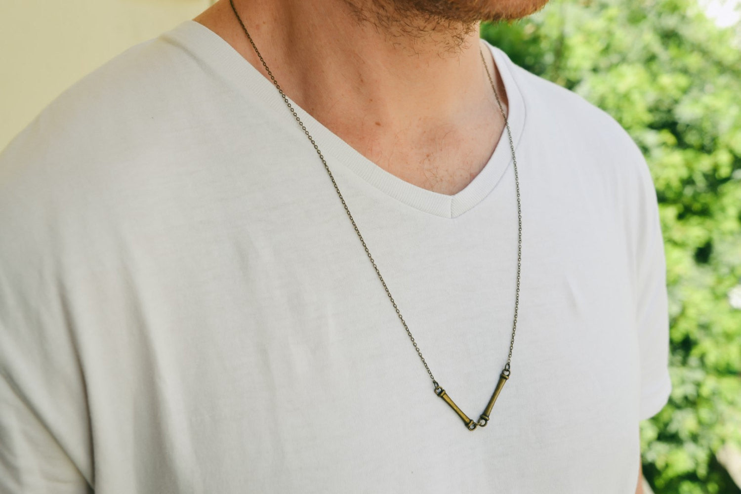Bar necklace for men, men's bronze chain necklace, gift for him, two bronze bar pendants, men's jewelry, triangle necklace, statement