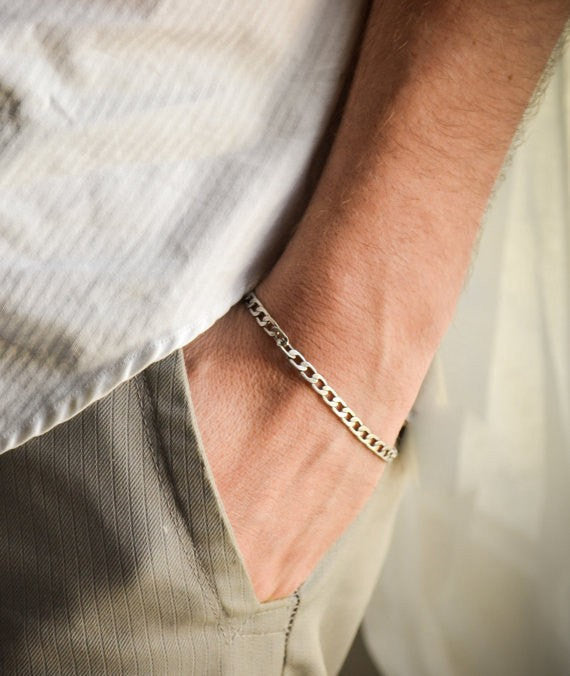 Silver links chain bracelet for men, flat chain, groomsmen gift, gift for  him, mens jewelry, gift for boyfriend, silver
