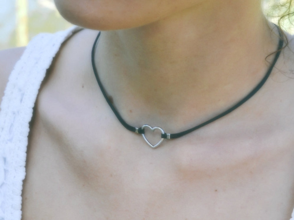 Silver heart necklace, black cord, gift for her - Main Image