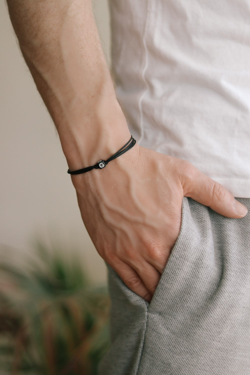 Initial bracelet, customise men's bracelet, black charm bead, English
