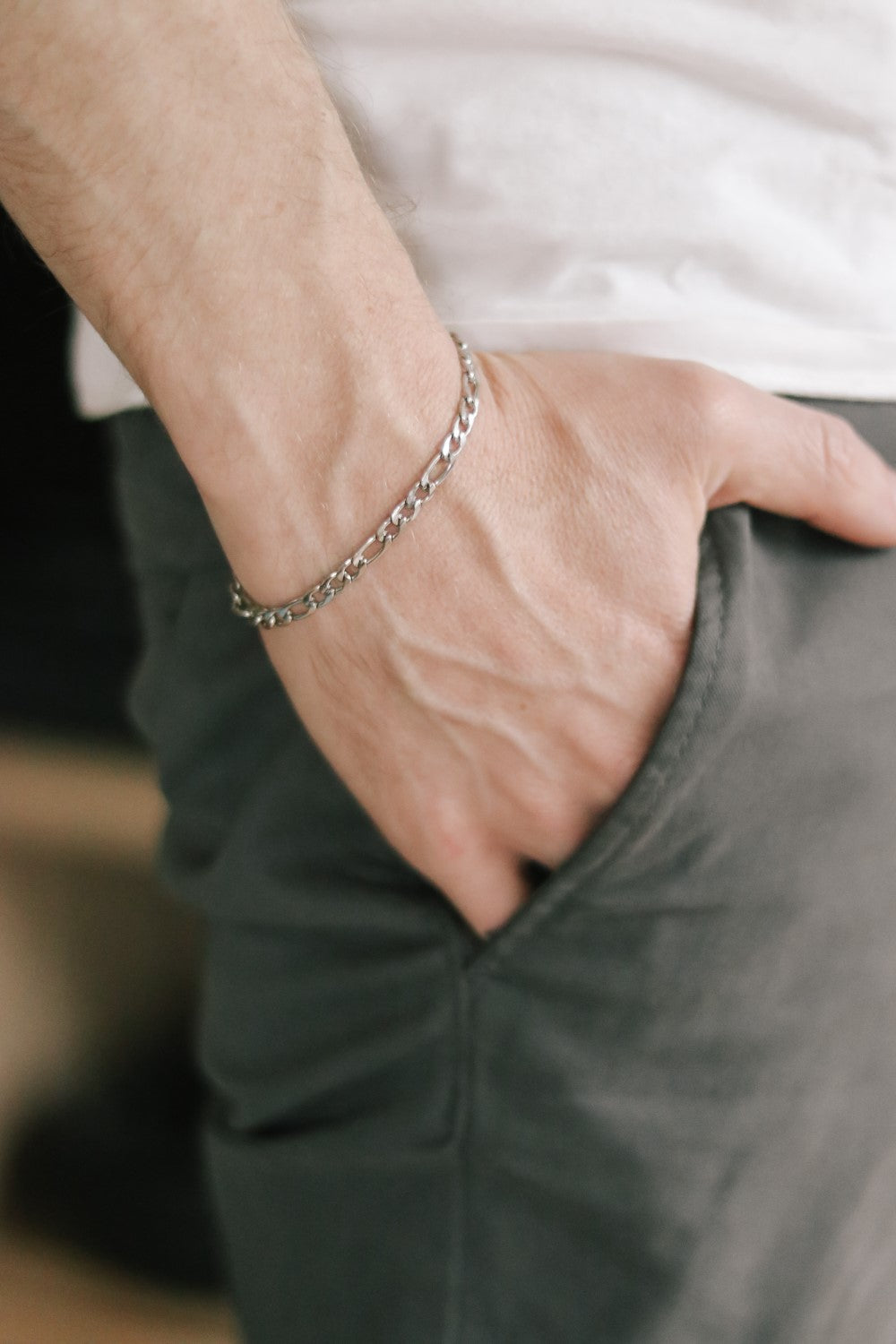 Silver links chain bracelet for men, cable Figaro gourmet chain, water