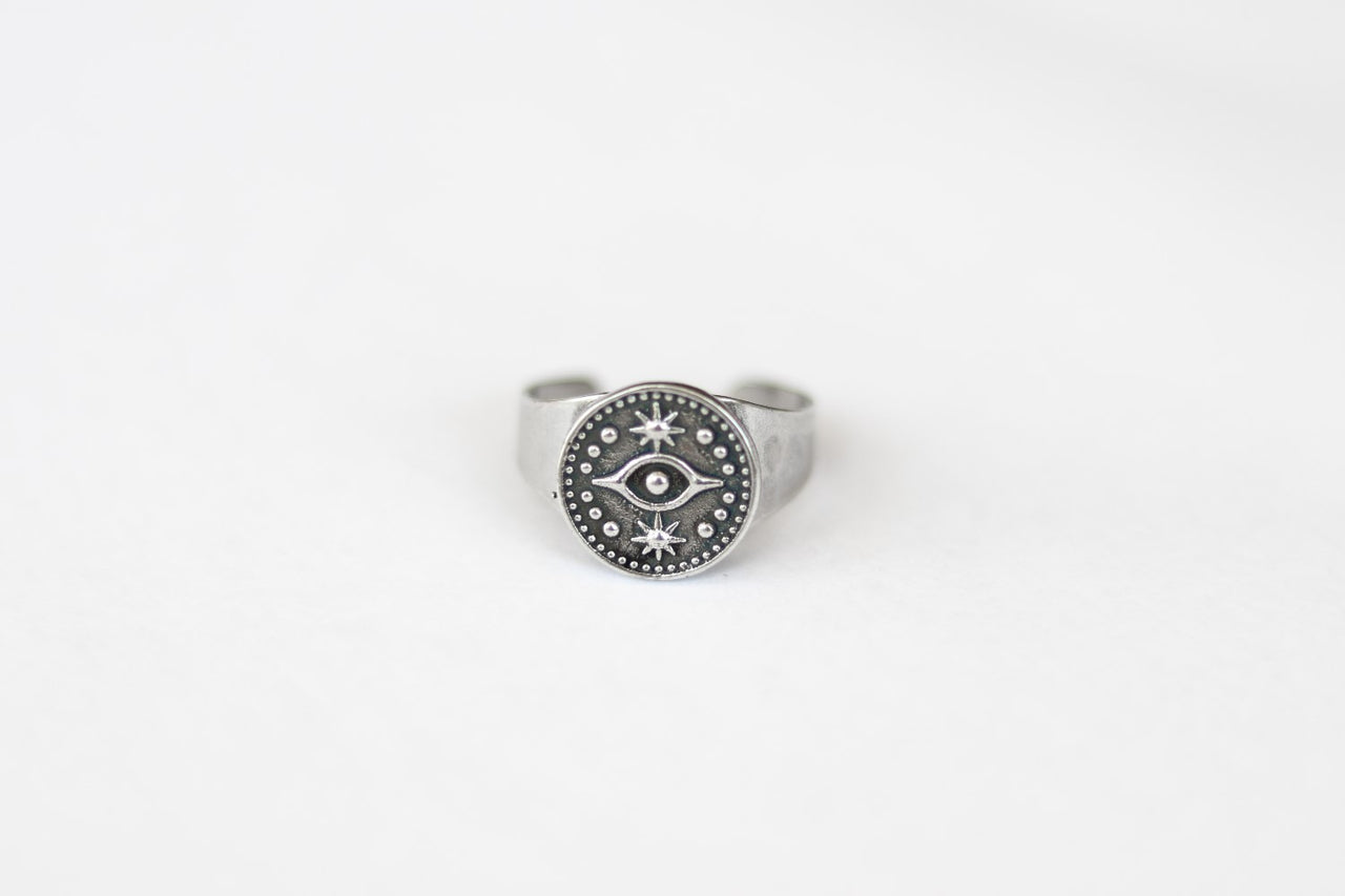 silver evil eye coin ring for men - shani and Adi Jewelry