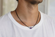 Amethyst necklace for men, February birthstone gift for him, purple stone bead black cord string