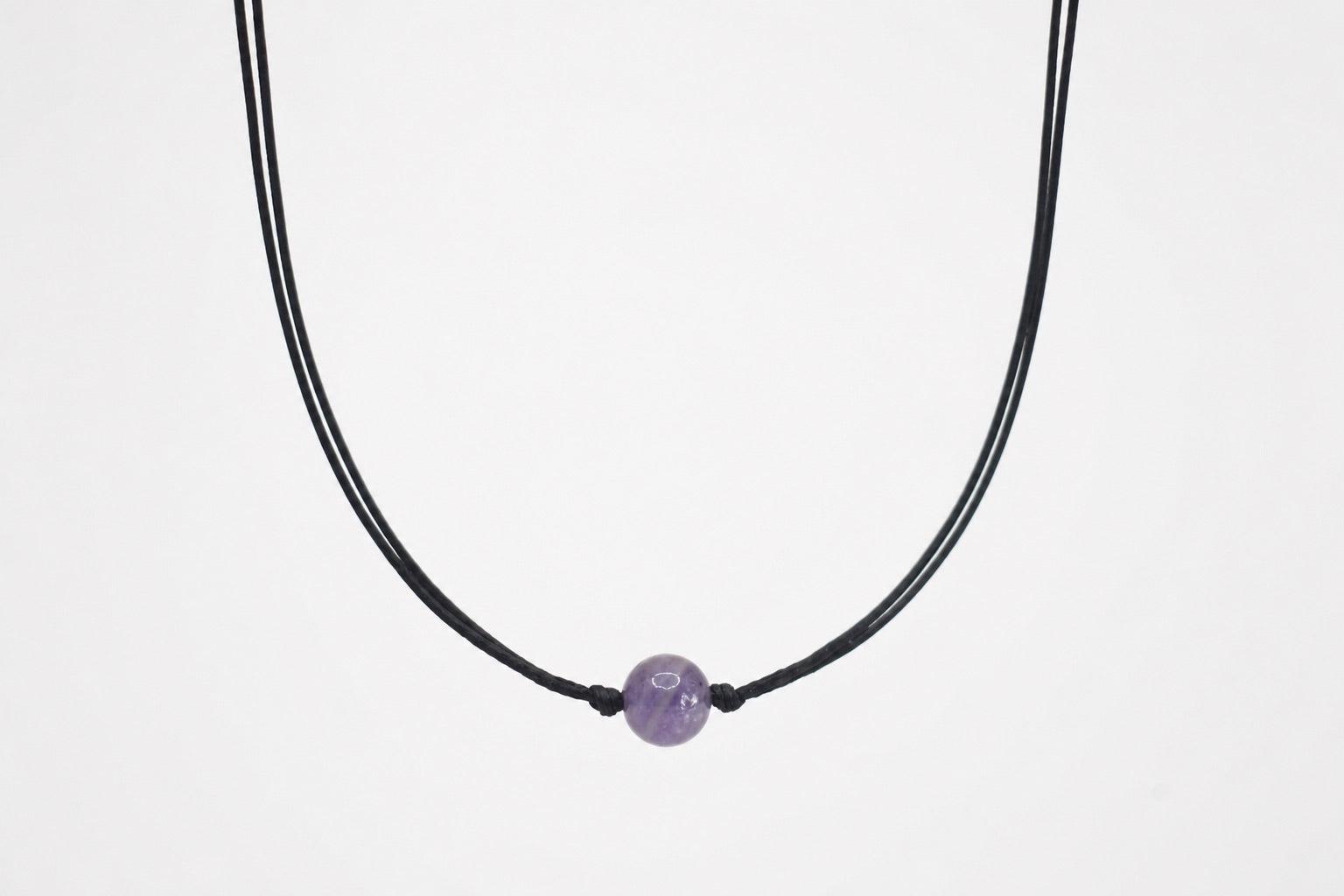 Amethyst necklace for men, February birthstone gift for him, purple stone bead black cord string