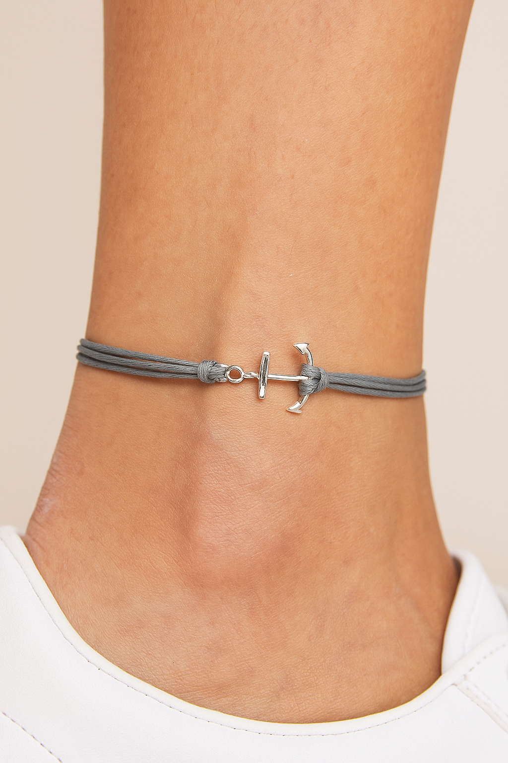 Anchor anklet for women, silver plated charm, gray cotton cord, ankle bracelet gift for her