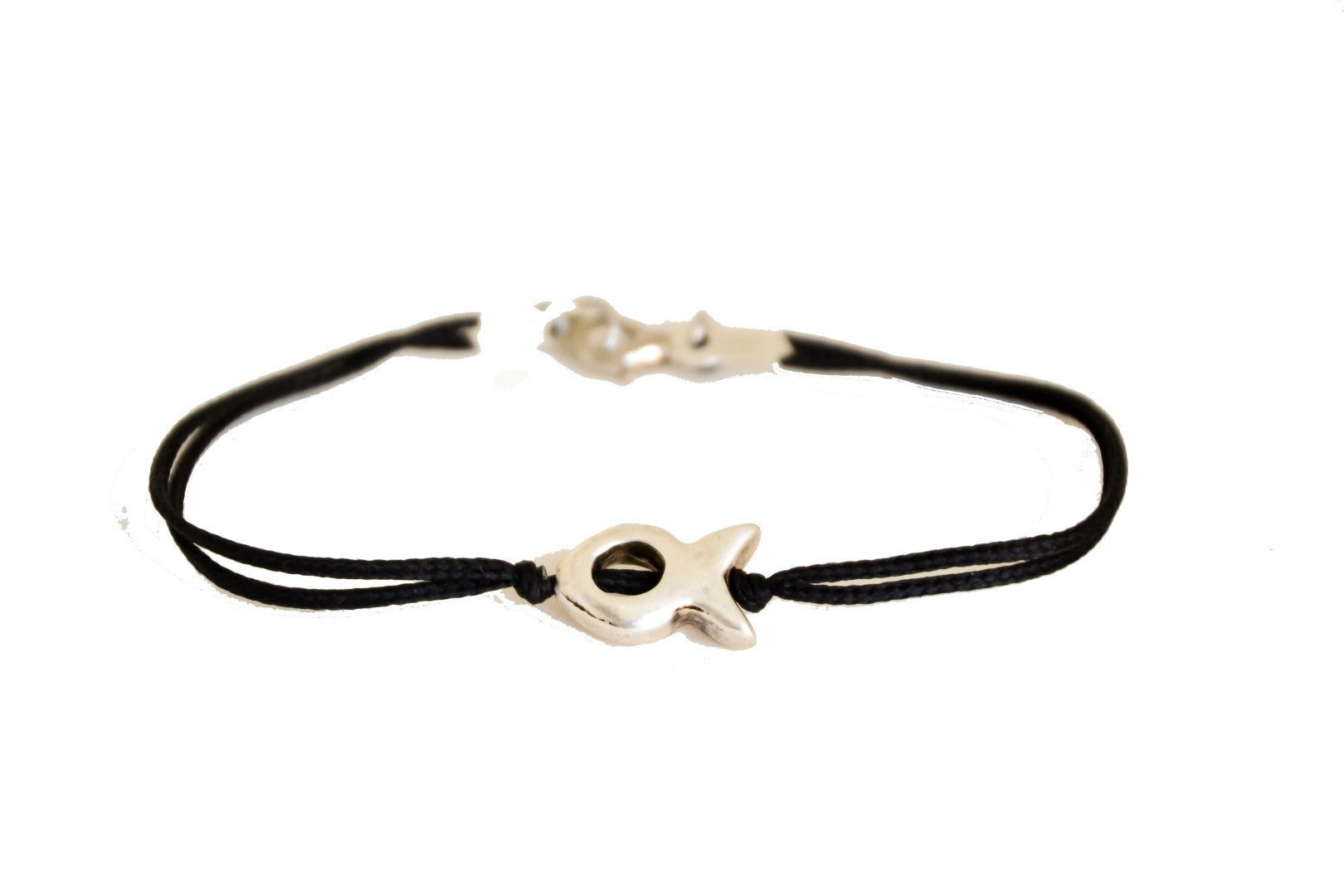 Men's Bracelet with a Silver Tone Fish Bead Charm, Black Cord