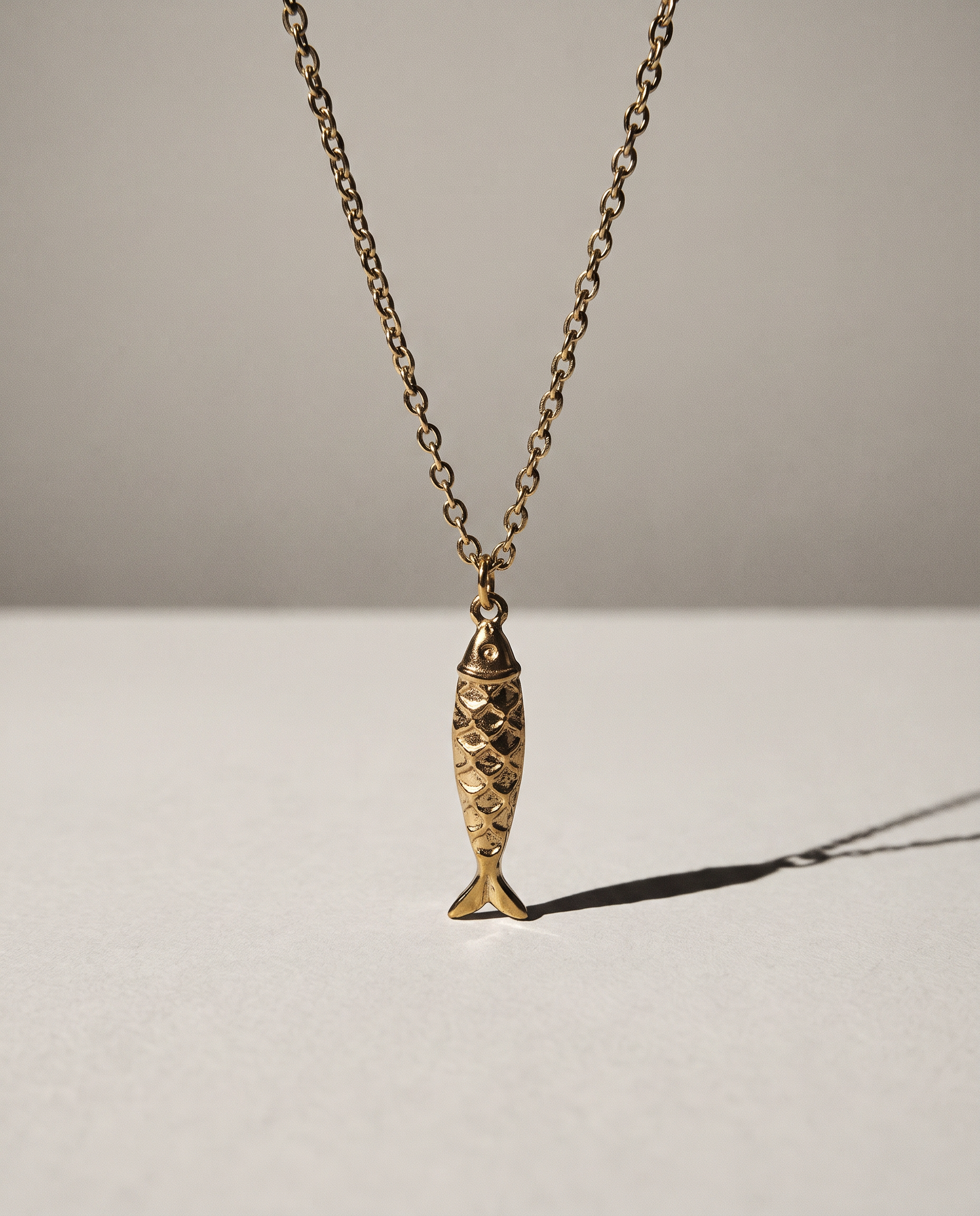 Fish chain necklace for men, stainless steel gold tone pendant, fisherman gift for him