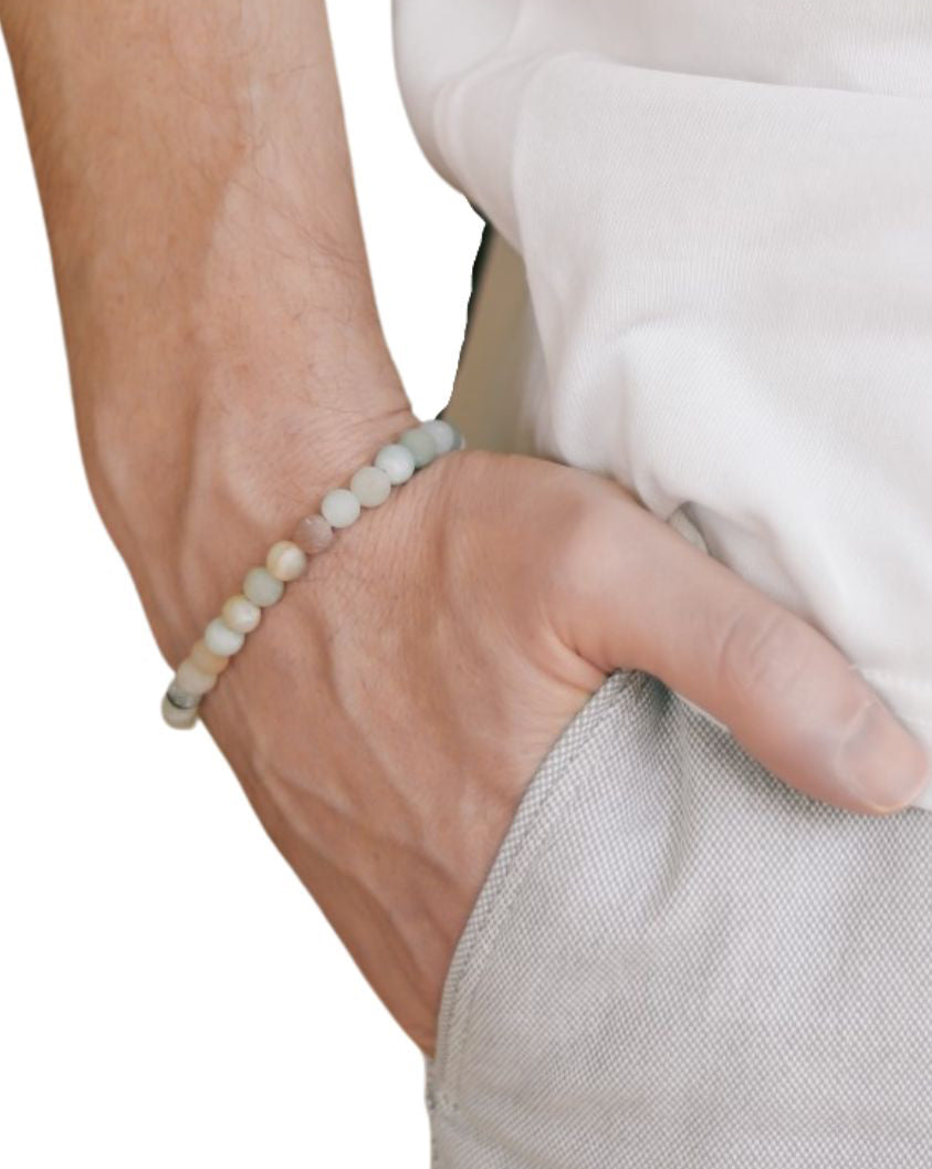 Close-up of a person wearing a bracelet on a plain background