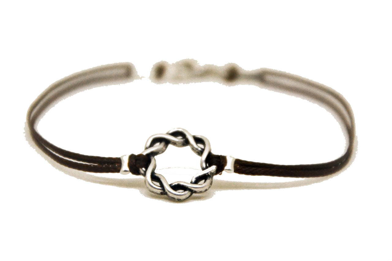 Karma bracelet for men with a silver braided circle charm, brown cord