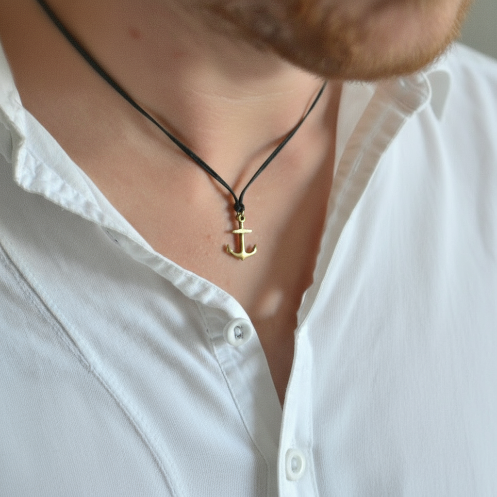 bronze anchor necklace black string on a man wearing a white shirt