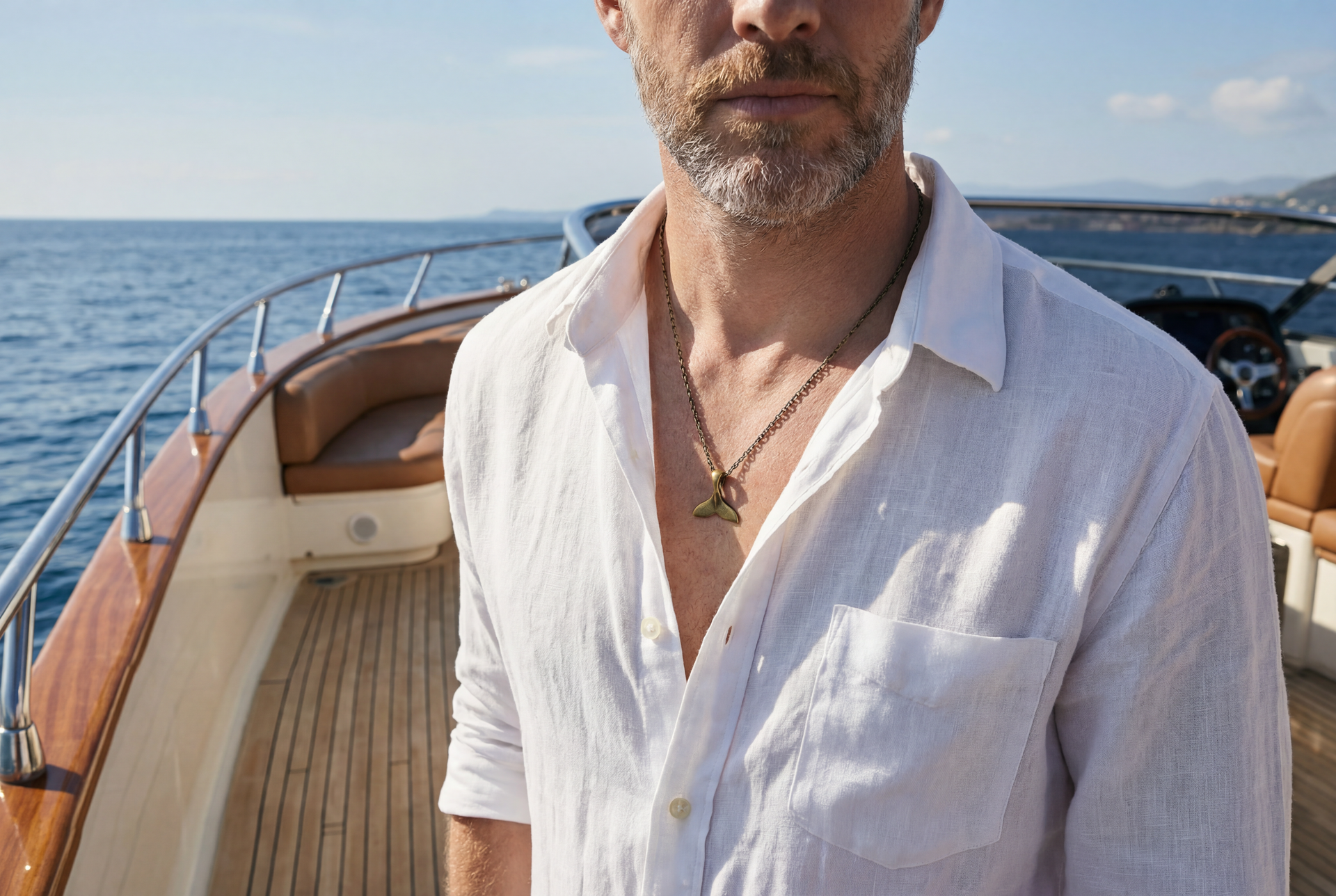 Man on a boat wearing a white shirt with a bronze whale tail necklace, sea and sky in the background