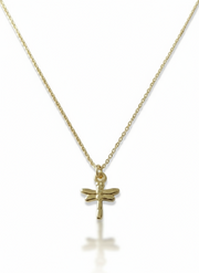 Gold necklace with a dragonfly pendant on a white background