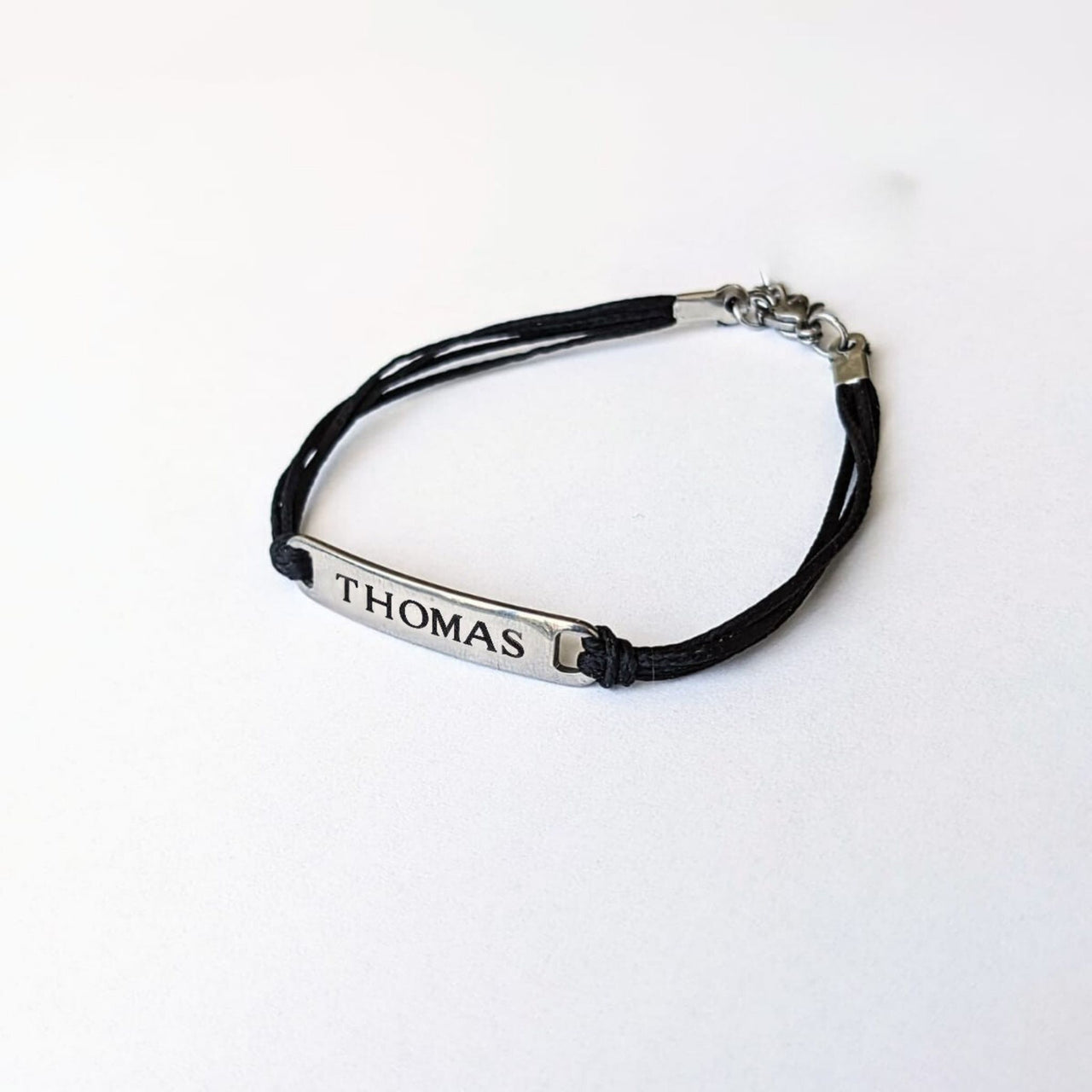 Personalized Name Bracelet For Men Stainless Steel Charm, Silver black cotton  string cord Custom Mens Jewelry