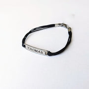 Personalized Name Bracelet For Men Stainless Steel Charm, Silver black cotton  string cord Custom Mens Jewelry