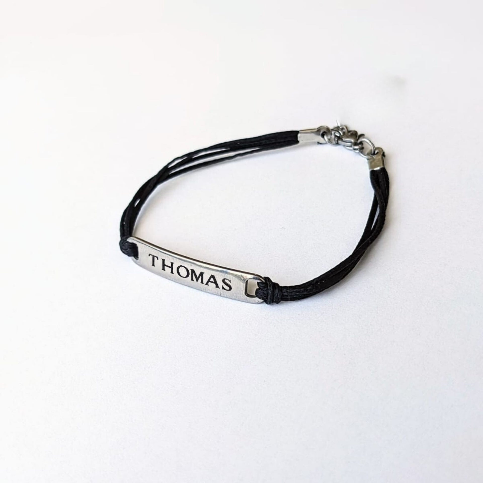 Personalized Name Bracelet For Men Stainless Steel Charm, Silver black cotton  string cord Custom Mens Jewelry