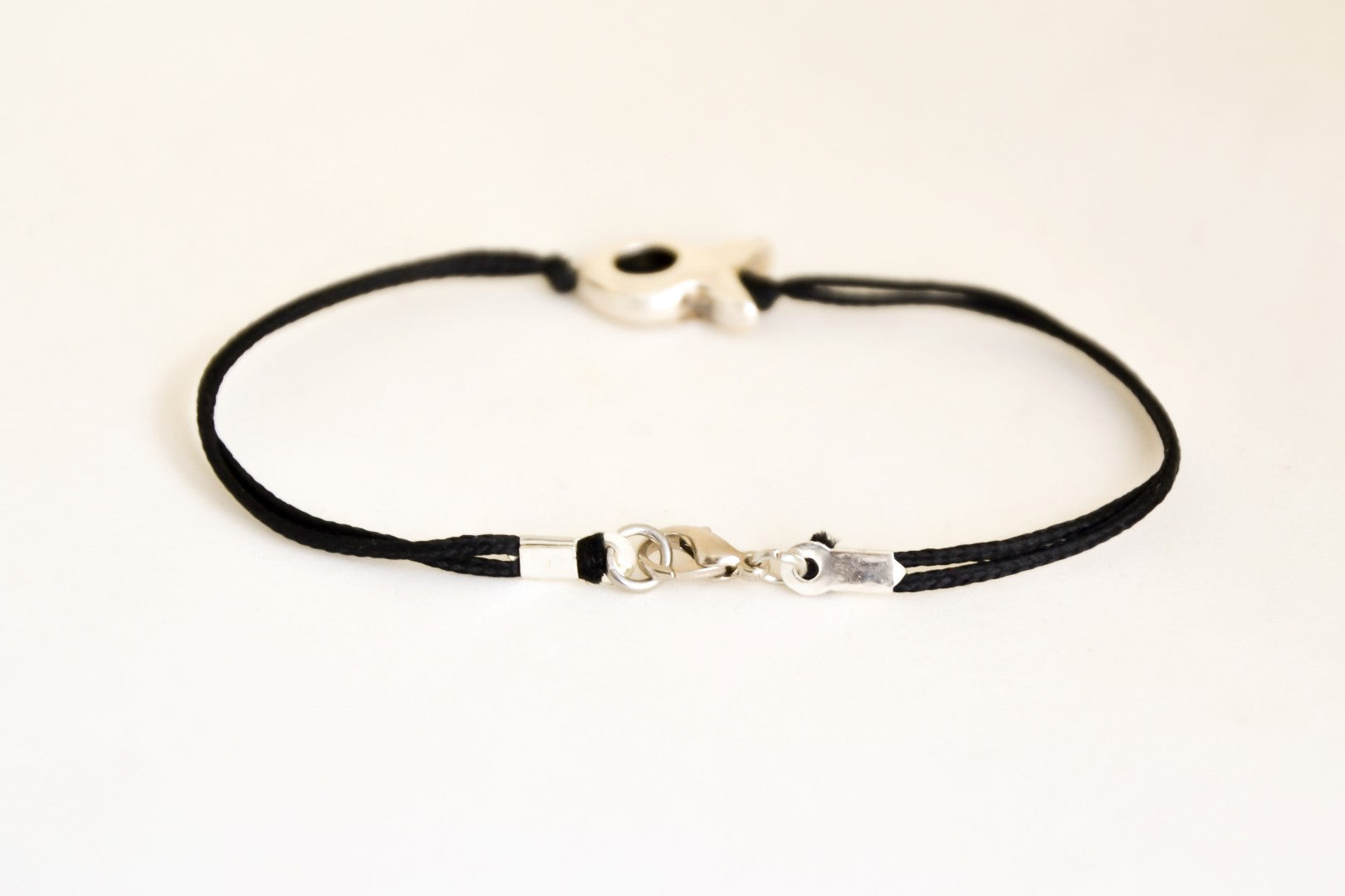 Men's Bracelet with a Silver Tone Fish Bead Charm, Black Cord