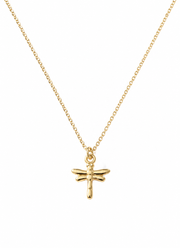 Gold necklace with a dragonfly pendant on a white background