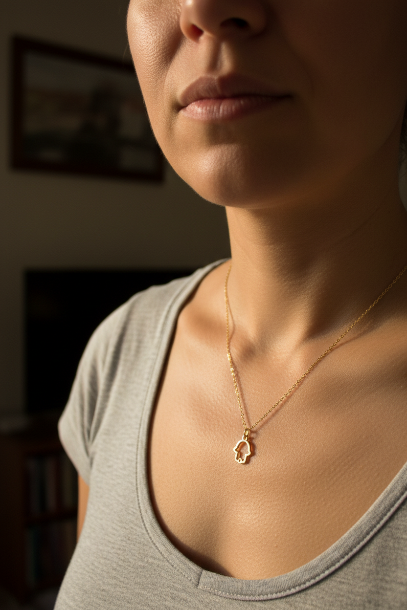 Close-up of a person wearing a gold hamsa necklace with a pendant.