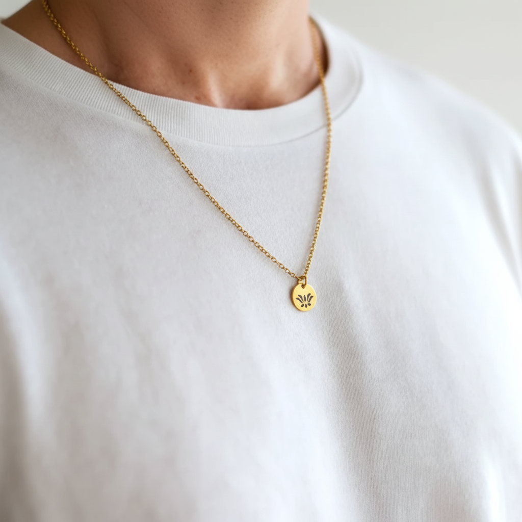 Man wearing a gold necklace with a lotus pendant