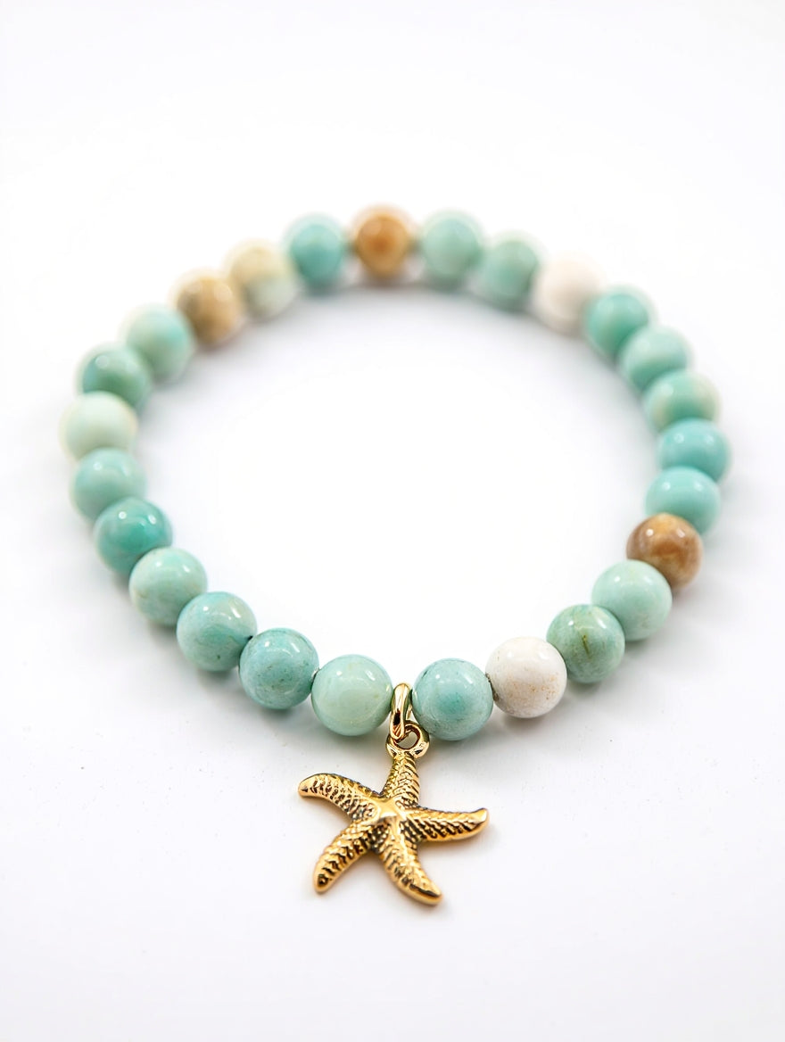 Starfish Charm Bracelet Amazonite Beaded Gemstone Bracelet Beachy Jewelry Trend Summer Jewelry Stretch Starfish Jewelry Beach Gift for Her
