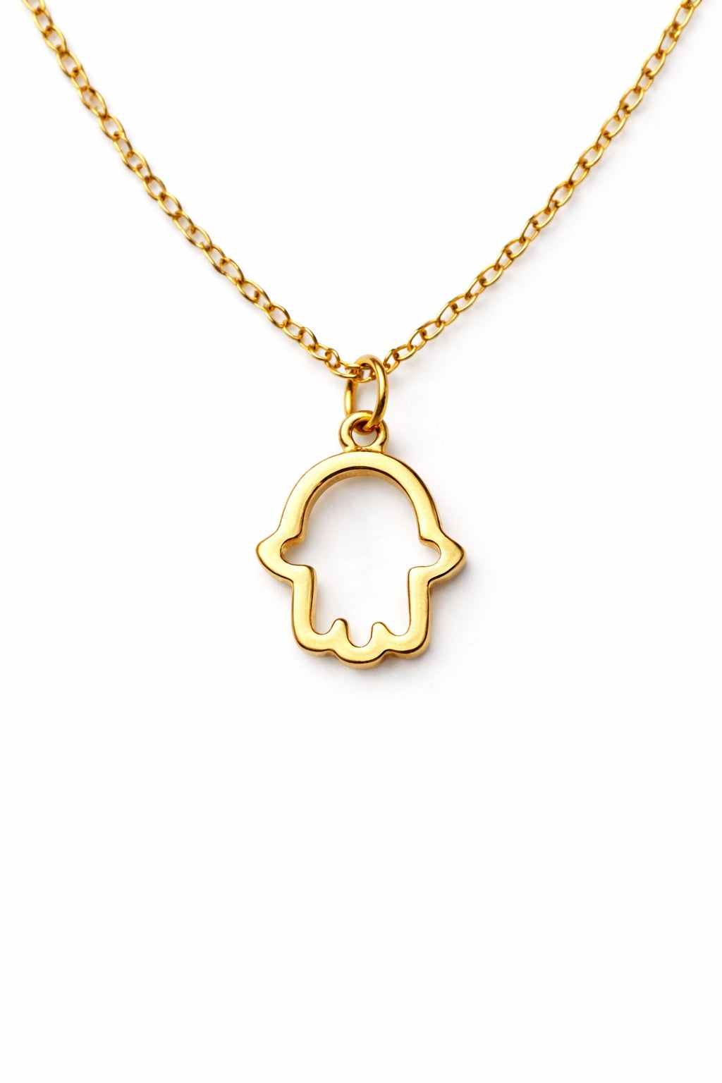 Gold Hamsa hand necklace on a white background