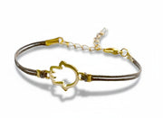 Gold plated Hamsa charm bracelet, brown cord, customized color, adjustable