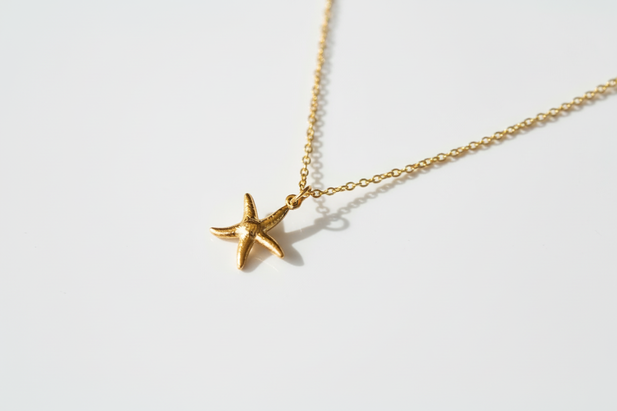 Gold starfish necklace, small pendant, stainless steel chain necklace, beach starfish, bridesmaids gift for her, minimalist, Layering