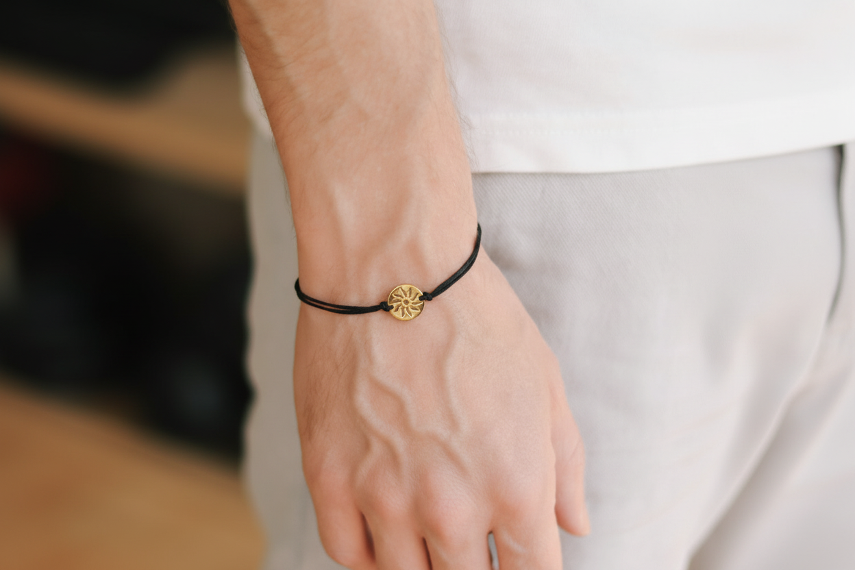 Sun bracelet for men with gold tone stainless steel sun charm, waterproof custom color and size string, black cotton strand