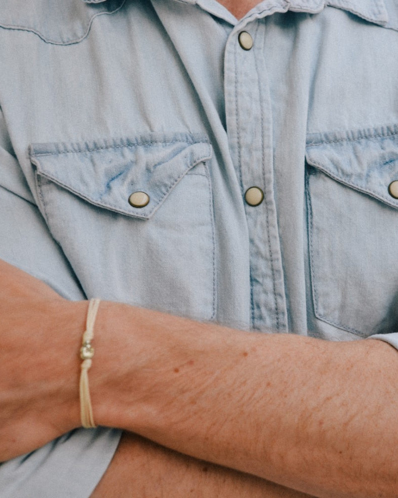 Silver skull bead bracelet for men, beige cord, handmade gift for him
