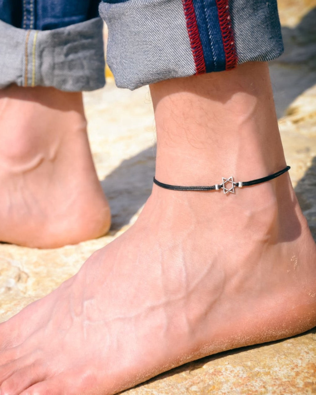 Silver Star of David Anklet for men, black cord, Jewish gift for him
