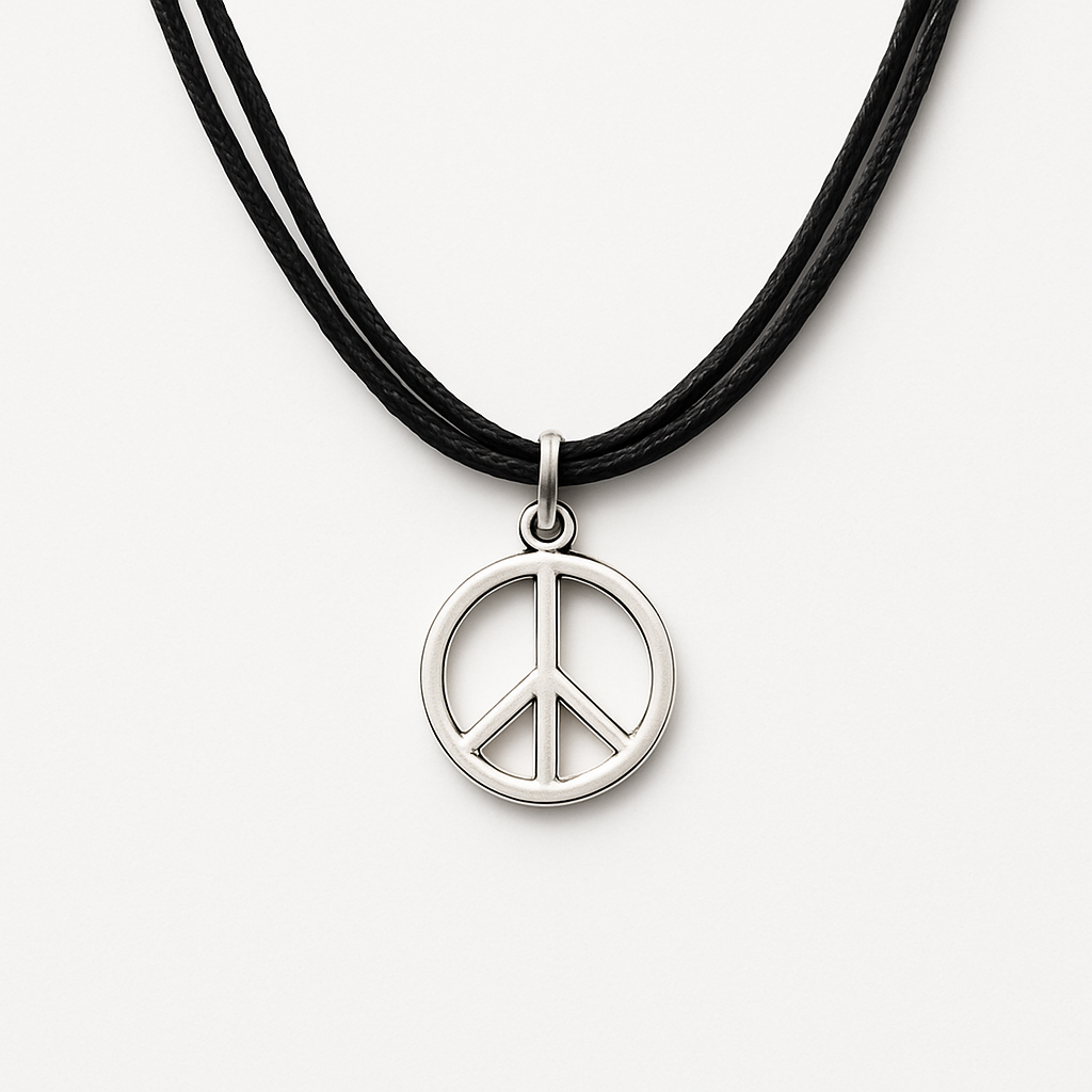 Peace symbol necklace on a black cord on a white background