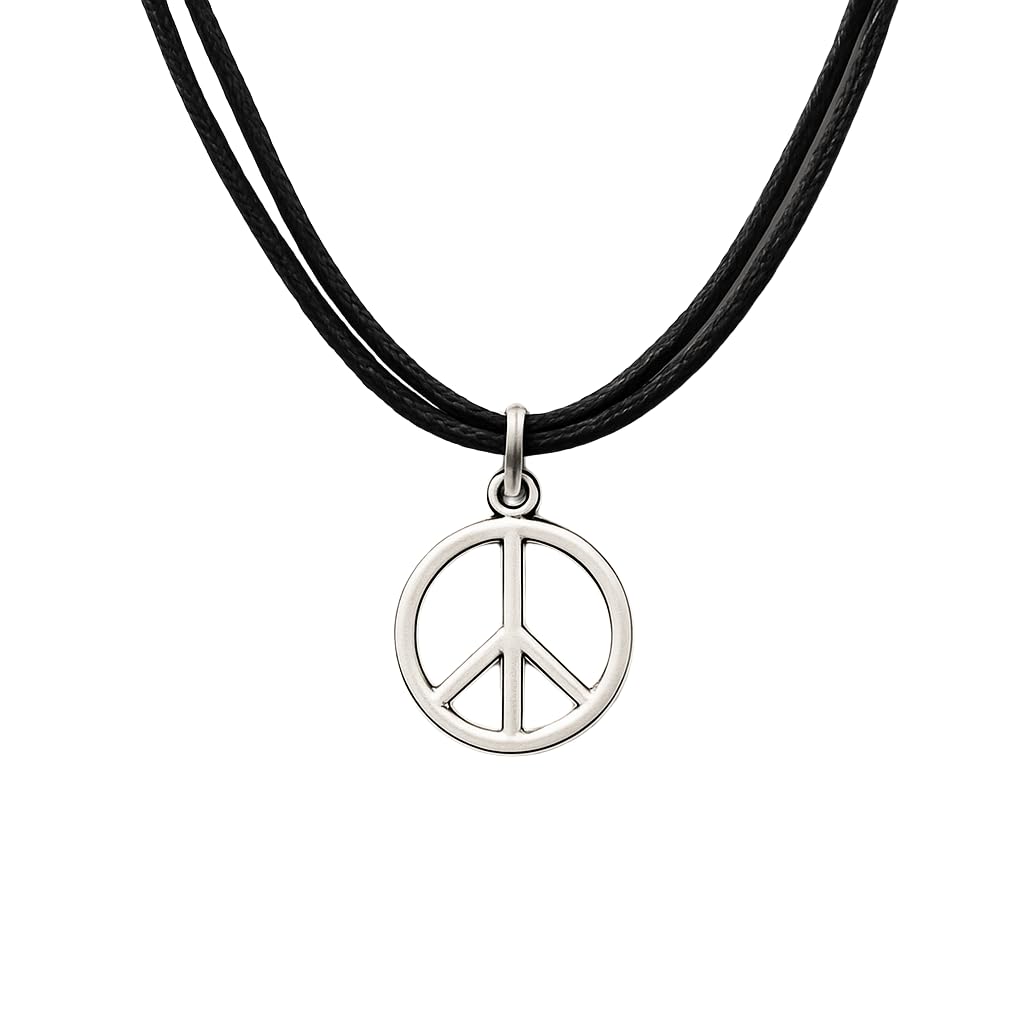 Peace symbol necklace on a black cord on a white background